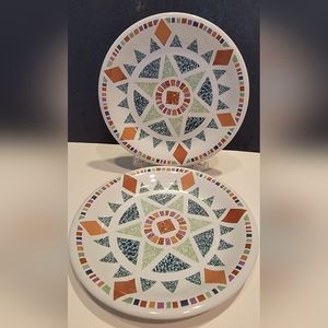 Crown Corning Jadestone Ceramic  2 Salad plates, Geometric Pattern green & Tan